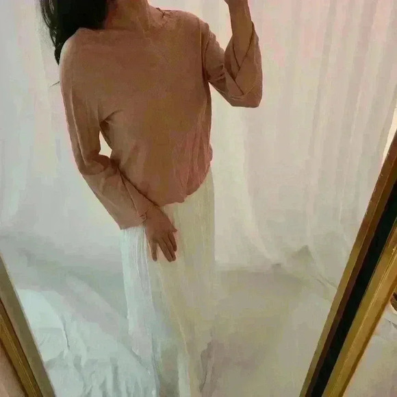 EILEEN FISHER lyocell mock brown tan beige Pullover Sweater long bell sleeve - Picture 2 of 10